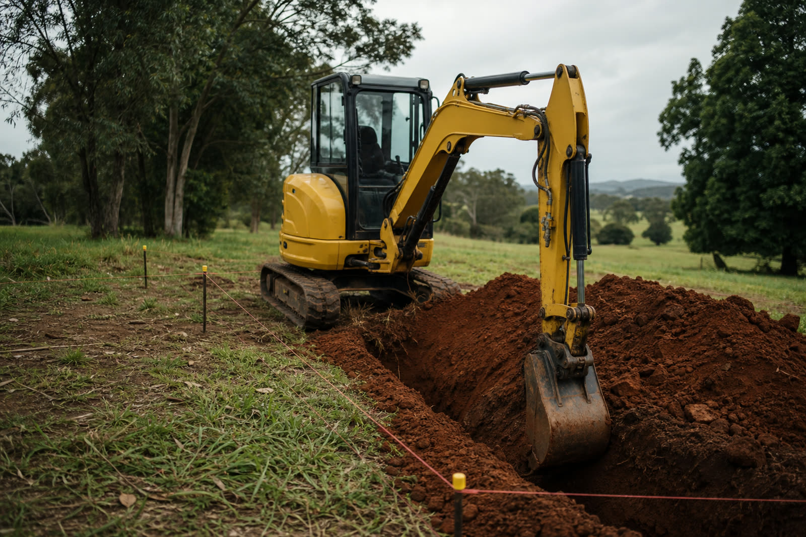 Excavator digging a trench on a rural house block