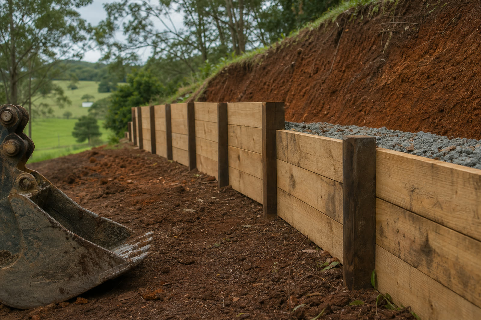 Timber sleeper retaining wall with drainage aggregate behind it